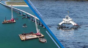 Offshore infrastructure construction using marine plant equipment alongside an autonomous environmental monitoring vessel operating in open water, showcasing coastal engineering and marine technology solutions